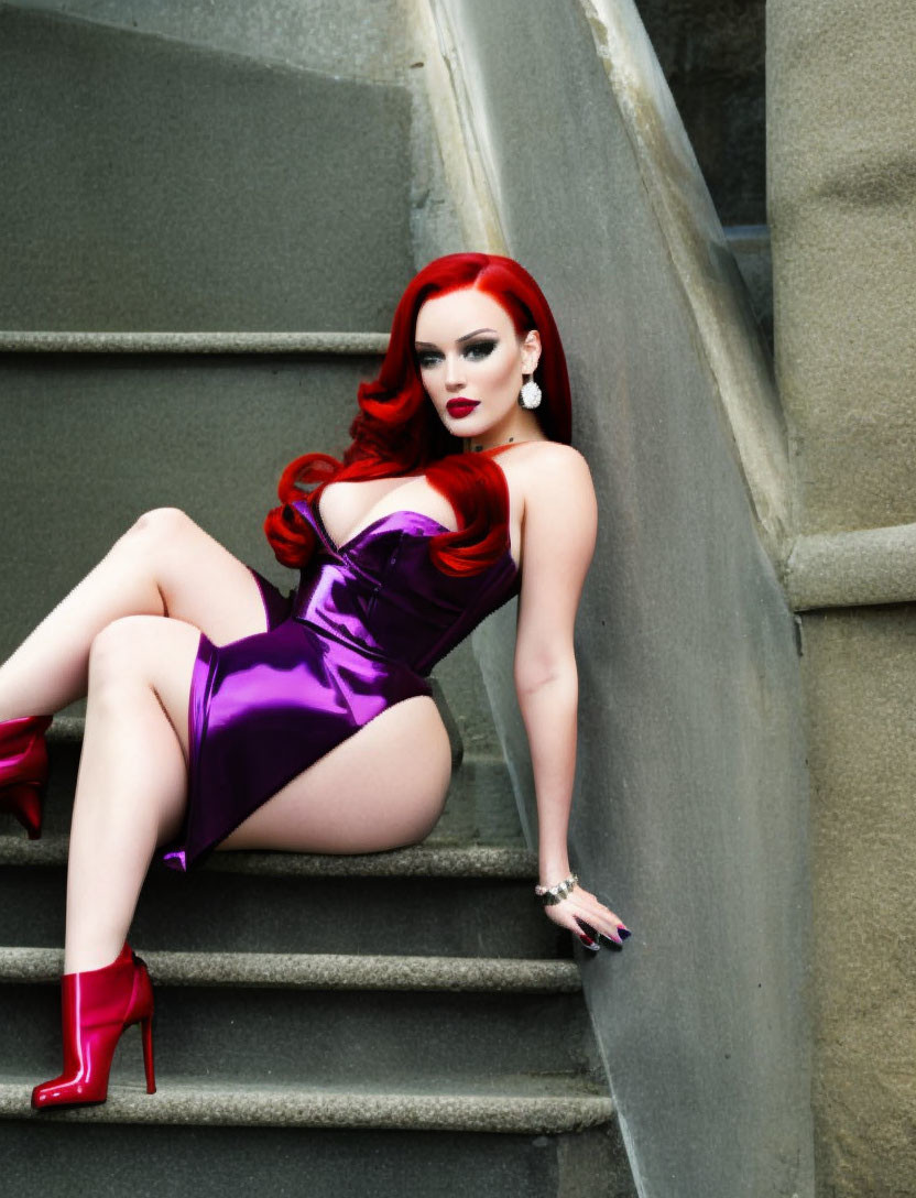 Red-haired woman in purple satin dress and red heels on gray concrete steps