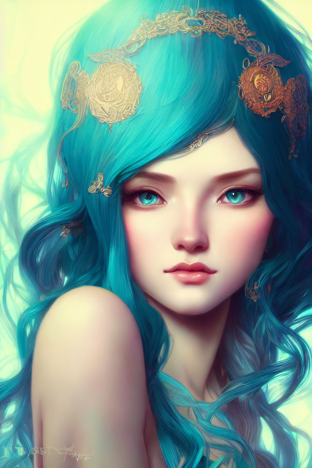 Surreal woman with teal hair and red eyes, adorned with gold hair accessories.