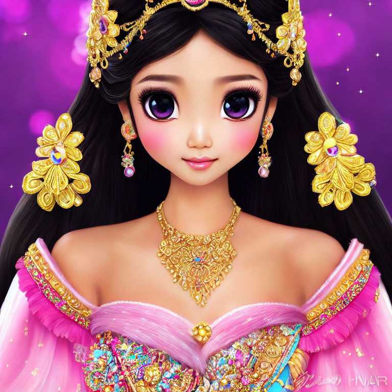 Girl with Large Purple Eyes in Pink Dress and Gold Jewelry on Starry Background