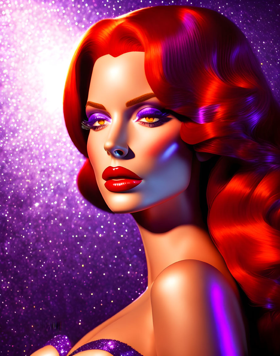 Red-haired woman with purple eyeshadow on glossy lips in sparkly background