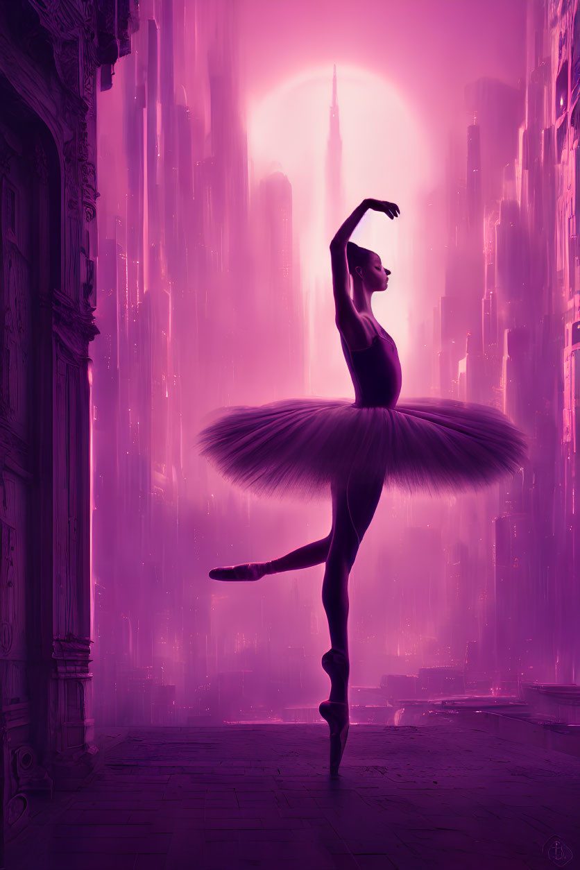 Ballerina in tutu poses against futuristic city backdrop