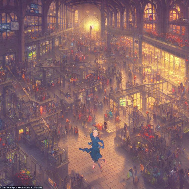 Busy Train Station Scene with Vibrant Lights and Child Centered Under Grand Clock