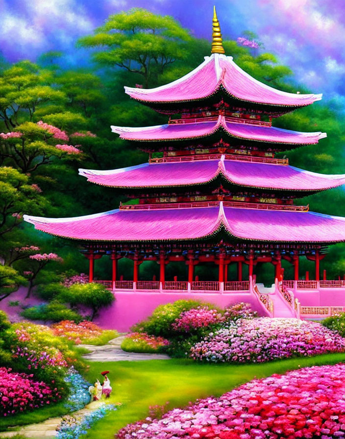 Colorful illustration of multi-tiered pink pagoda in lush green setting