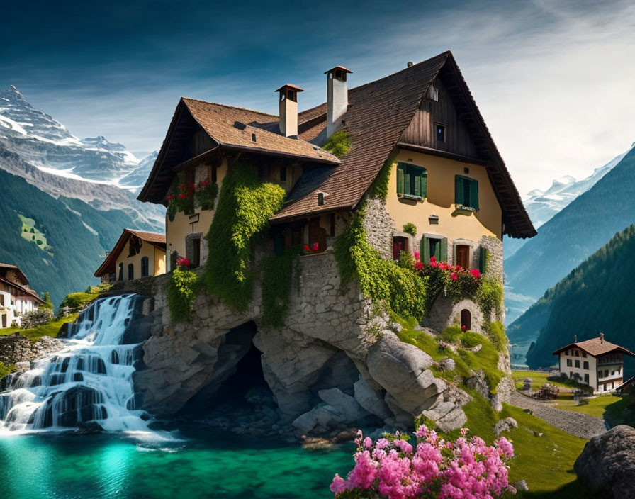House on rocky outcrop with waterfall, green mountains, clear skies