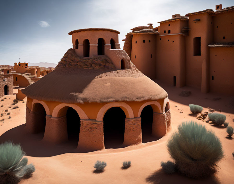 Desert earthen architecture with central domed roof and surrounding smaller structures under blue sky