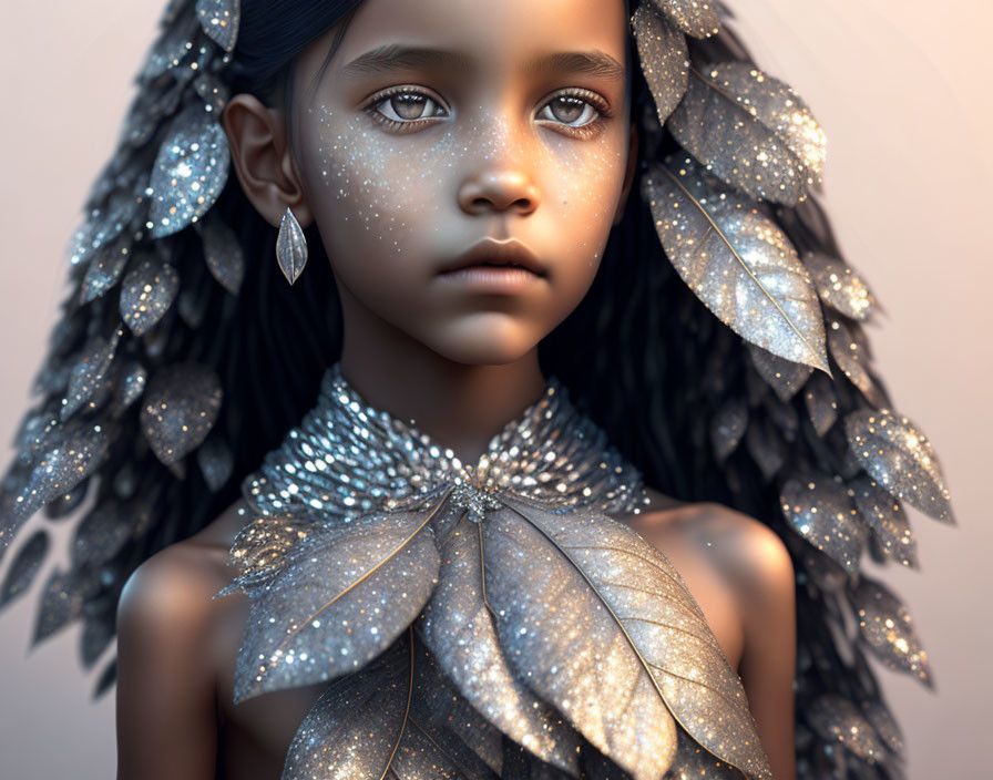 Young Girl with Ethereal Leaf Adornments and Serene Expression