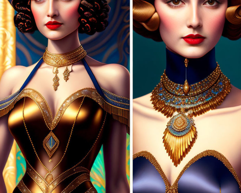 Stylized portraits of women in art deco fashion and jewelry.