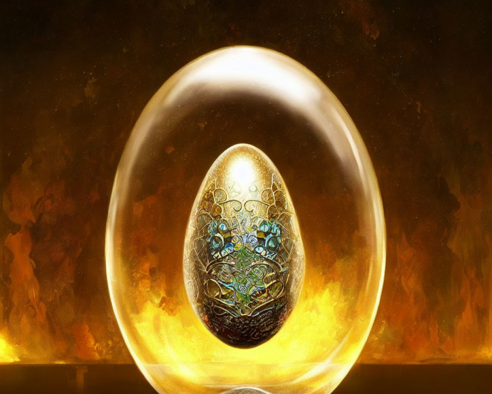 Intricate golden egg in translucent bubble on fiery amber backdrop