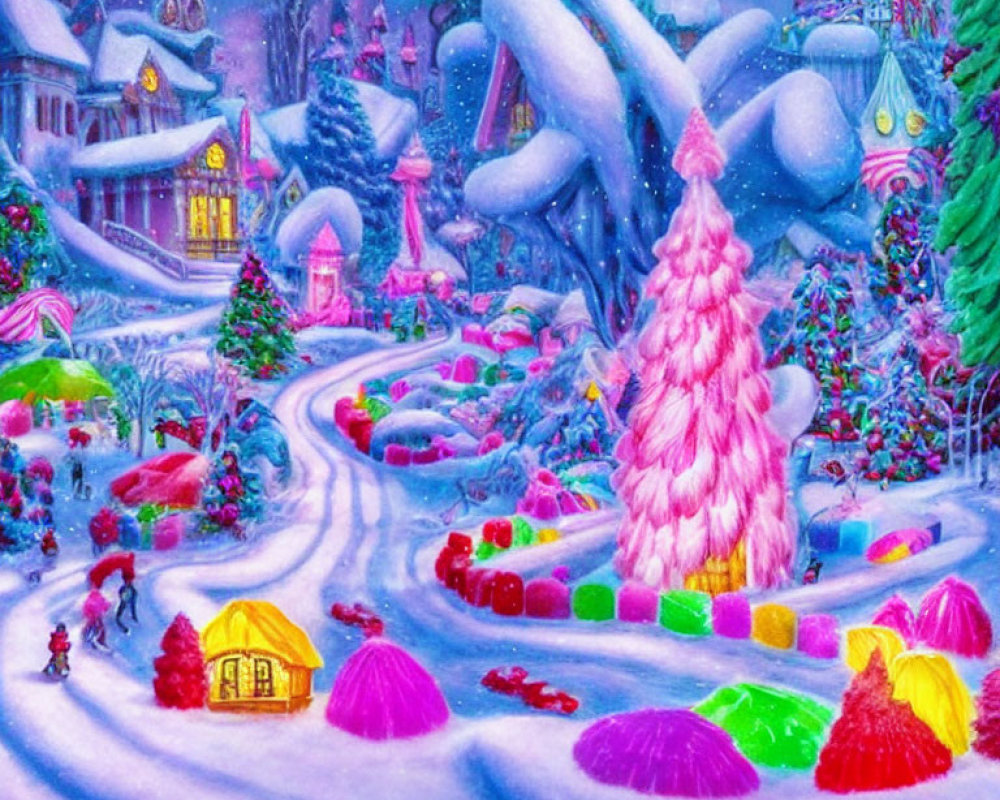 Colorful Winter Village Scene with Festive Lights & Characters