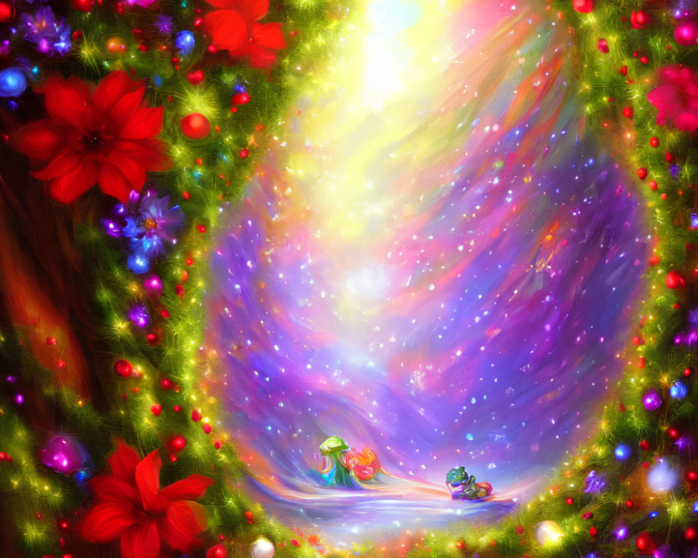 Colorful illustration of whimsical portal with fantasy creatures and starry path