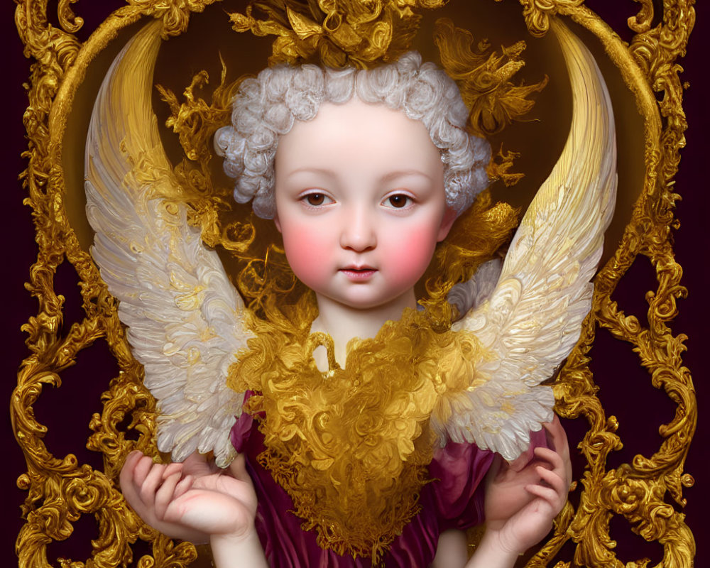 Cherubic Figure with Angelic Wings in Golden Rococo Frame