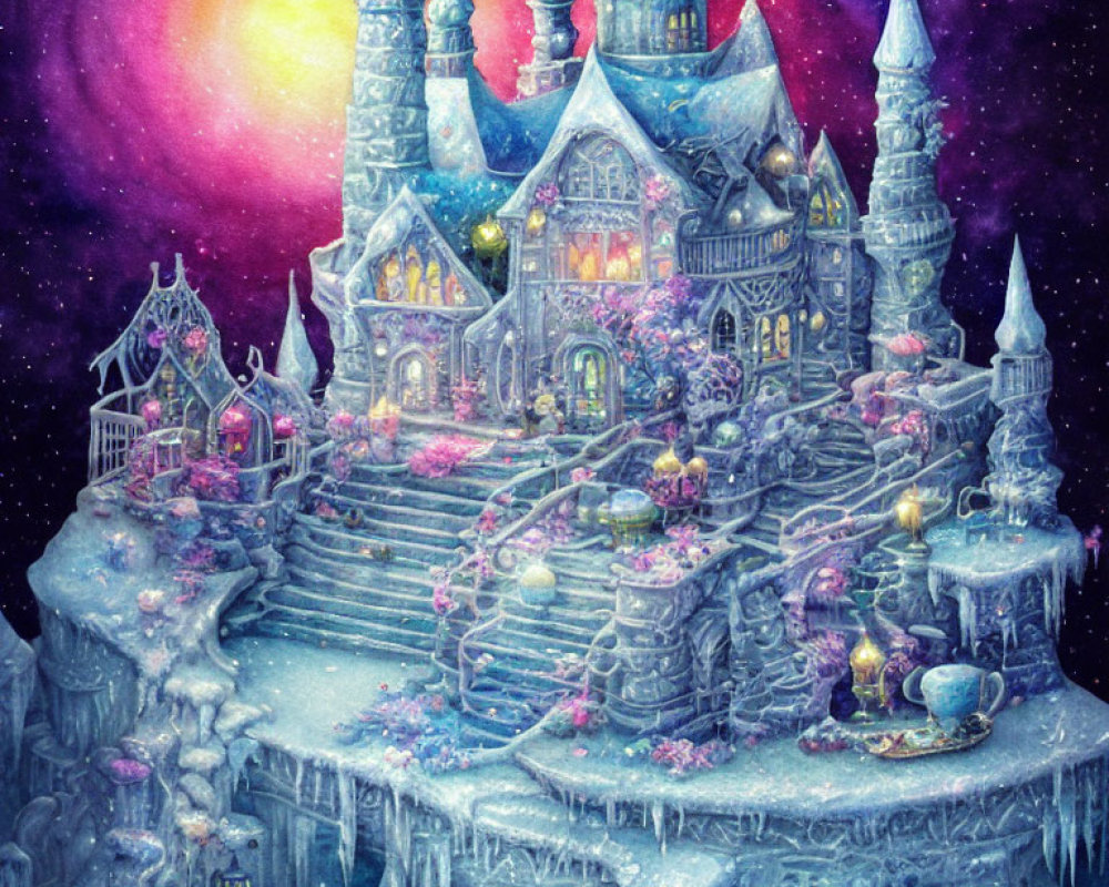 Enchanting ice castle with pink and purple flora under twilight sky