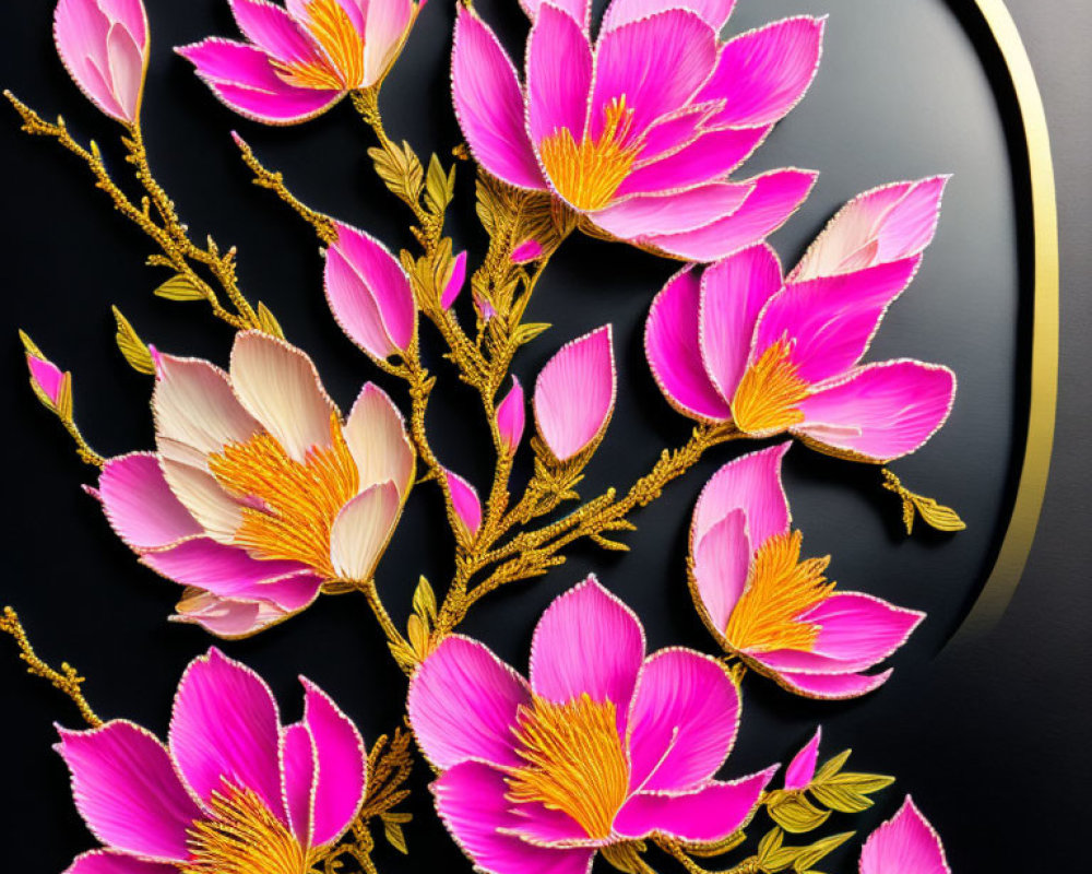 Stylized 3D art: Pink flowers with golden details on dark background