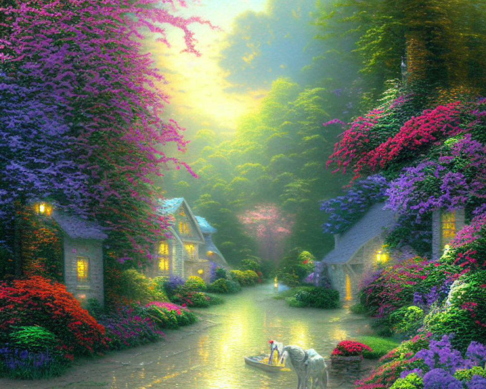 Enchanting village with blooming flowers, soft glow, and unicorn