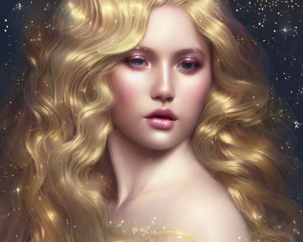 Digital portrait of woman with golden hair among twinkling stars