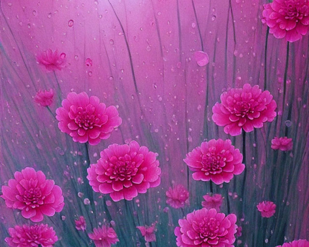 Pink flowers with dewdrops and bubbles on gradient background.