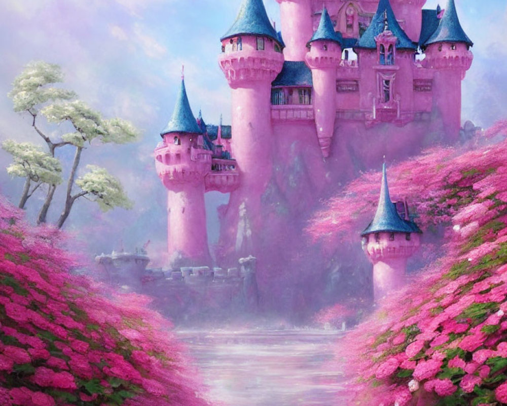 Pink castle in blooming landscape with river and white tree