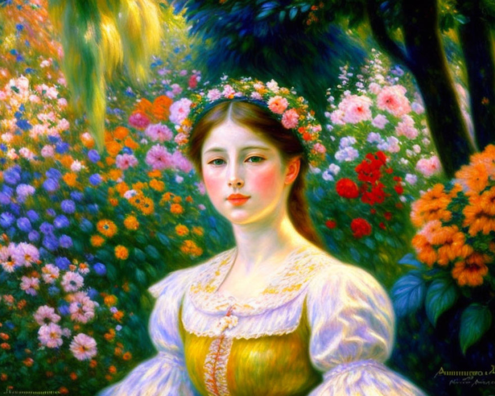 Young woman with floral wreath in vibrant flower setting