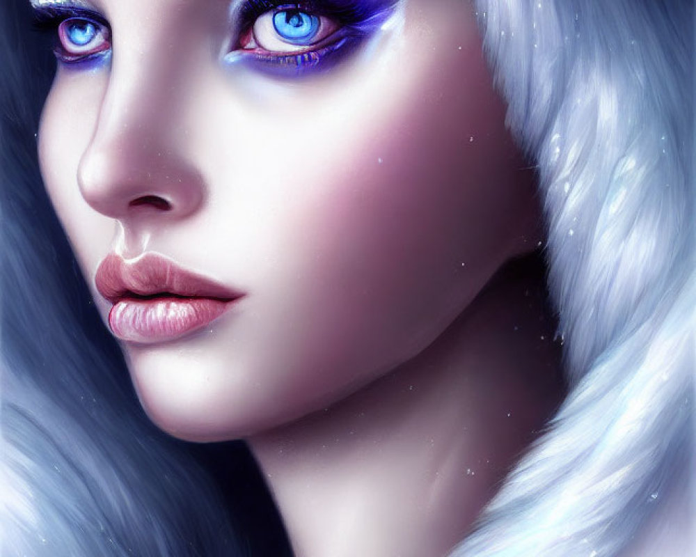 Digital artwork featuring woman with blue eyes, silver hair, tiara, and snowy theme