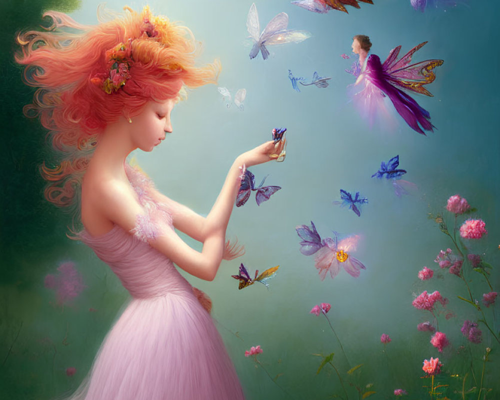 Woman in pink gown with red hair gazes at butterflies in magical forest with glowing yellow light