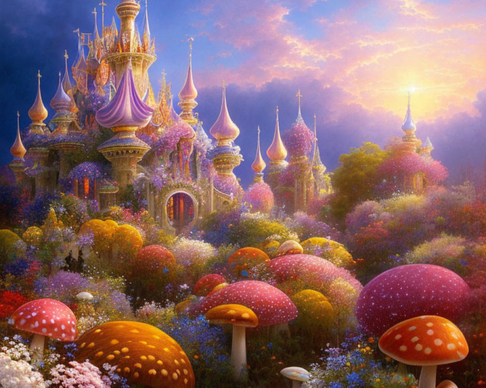 Colorful Castle and Oversized Mushrooms in Fantastical Landscape