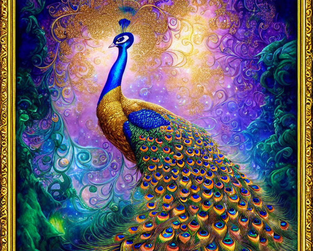 Colorful Peacock Artwork in Psychedelic Frame: Blue and Gold Palette