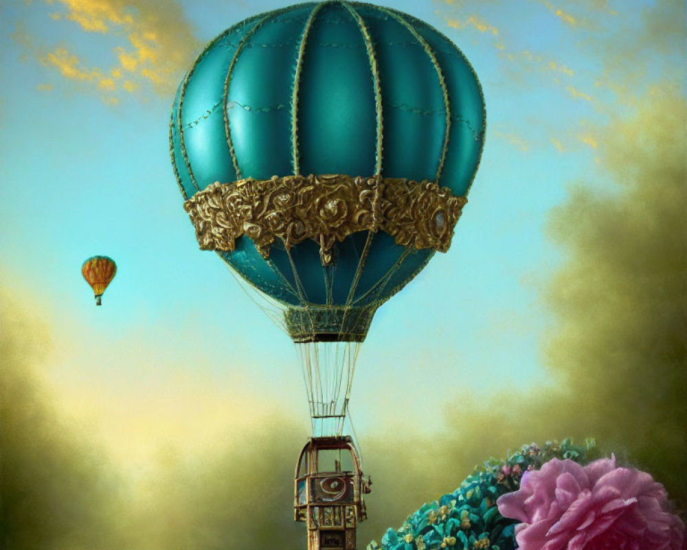 Ornate hot air balloon among clouds and pink flowers