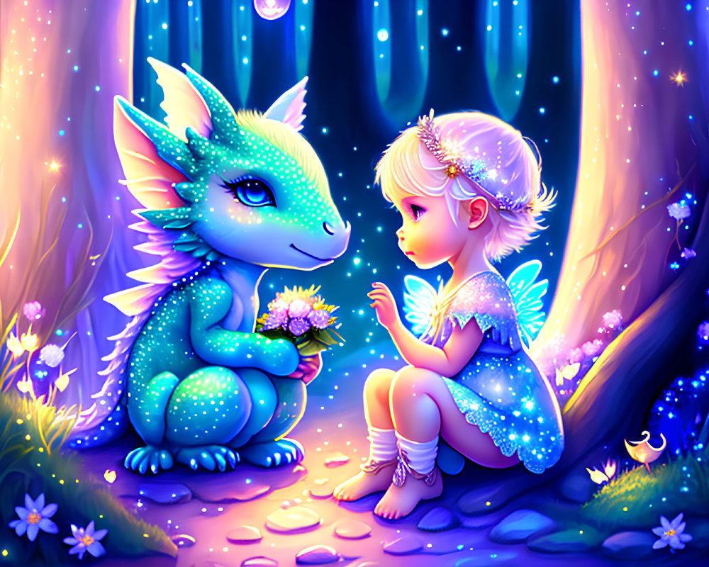 Whimsical digital artwork: Fairy child with wings and blue dragon in glowing forest