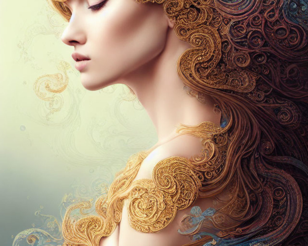 Elaborate gold and blue ornate hair designs in artistic portrait