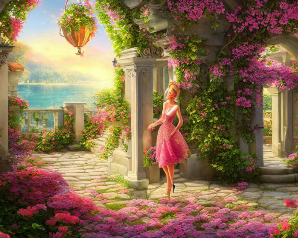 Woman in Pink Dress in Enchanting Garden with Pink Flowers