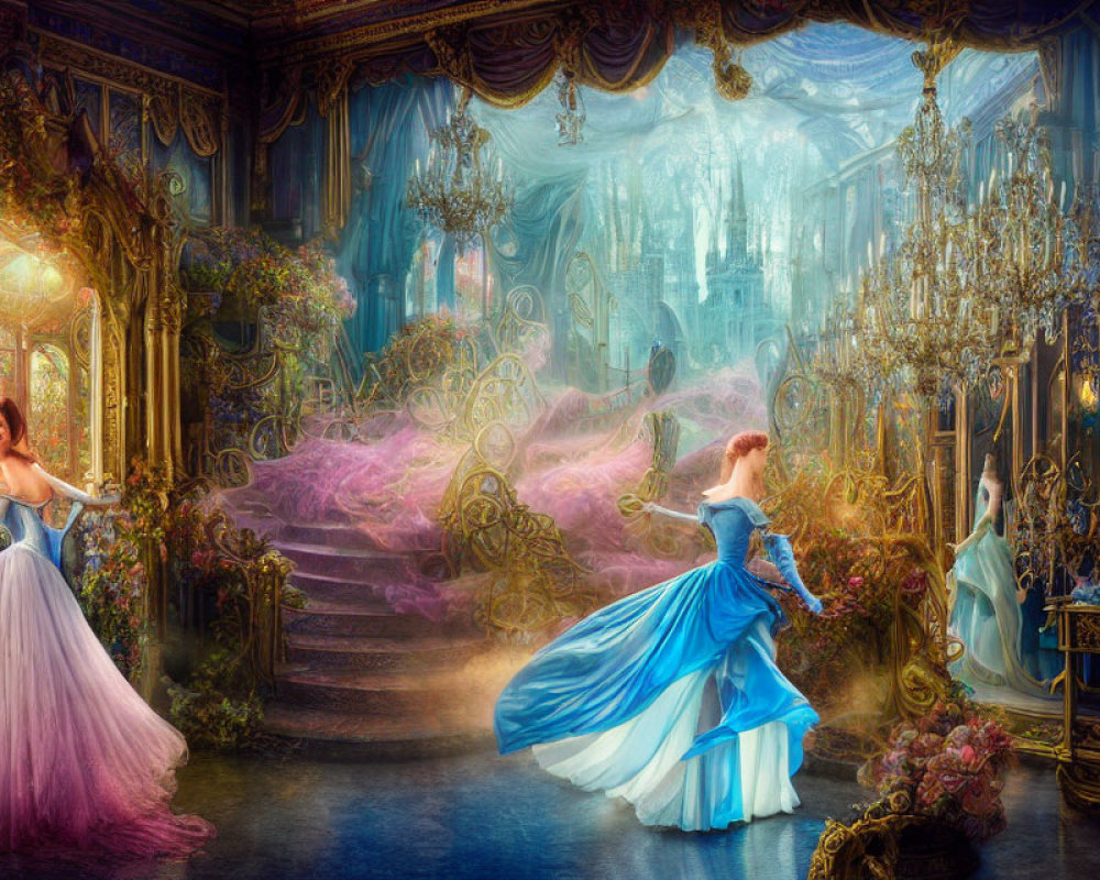 Opulent fantasy ballroom with elegant women in gowns