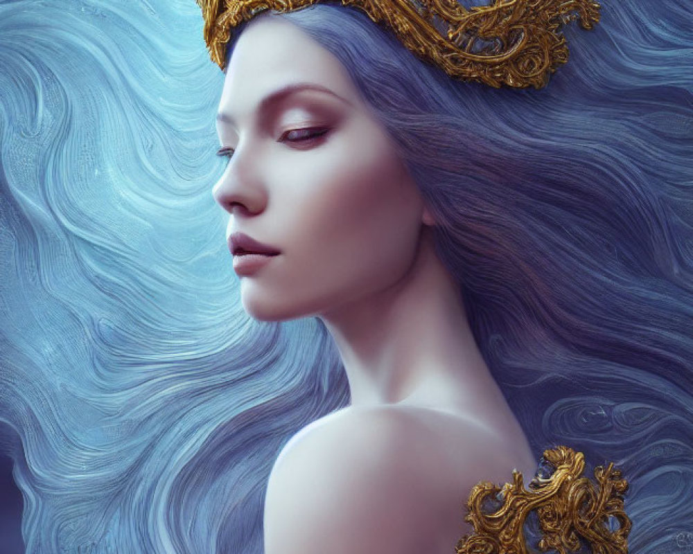 Ethereal figure with blue hair and golden crown on blue backdrop