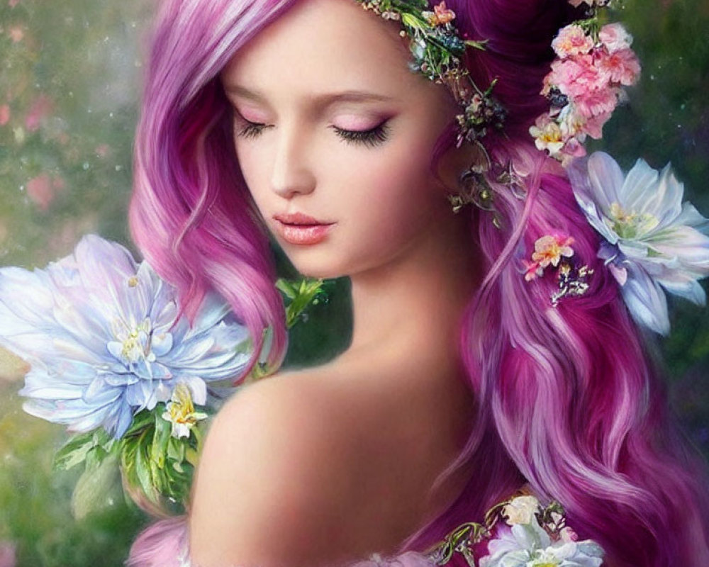 Person with Purple Hair and Pastel Flowers in Dreamy Portrait