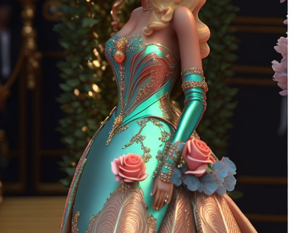 Stylized female figure in turquoise and gold gown with roses