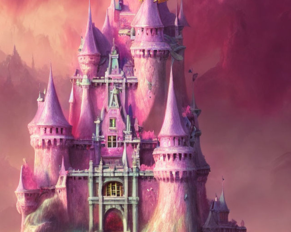 Pink-hued castle with towering spires in dreamlike landscape