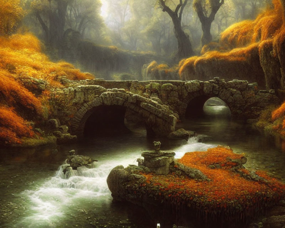 Old Stone Bridge Over Tranquil Stream in Misty Autumn Forest