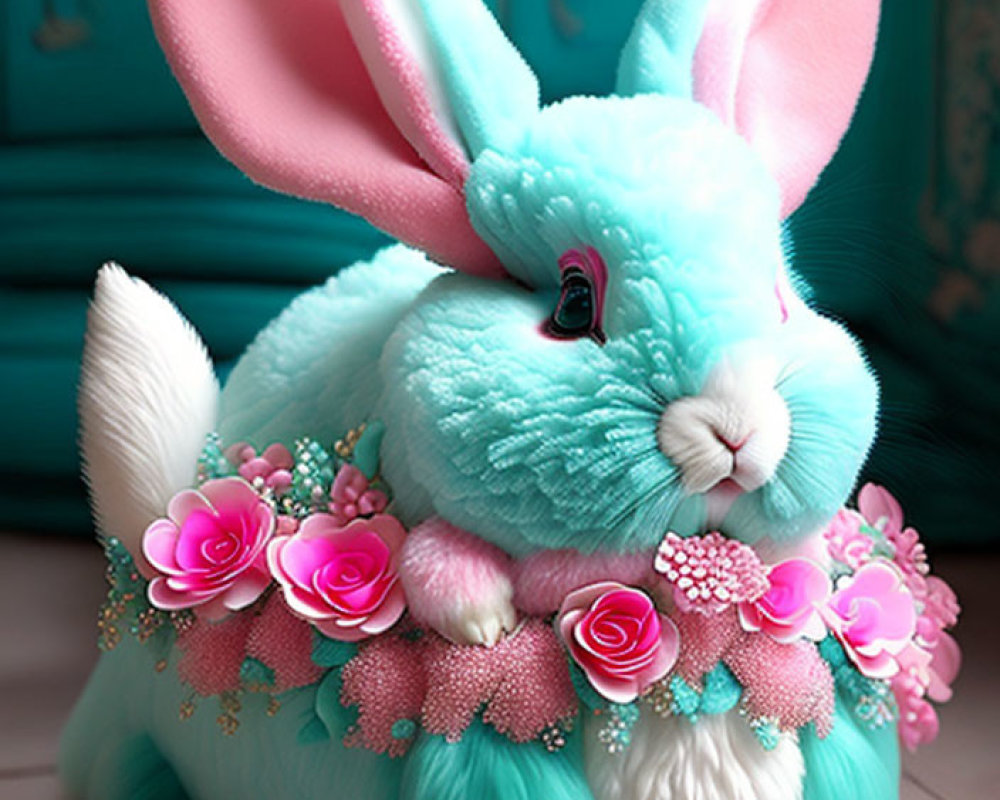 Turquoise Bunny Plush with Pink Inner Ears and Floral Collar on Teal Background