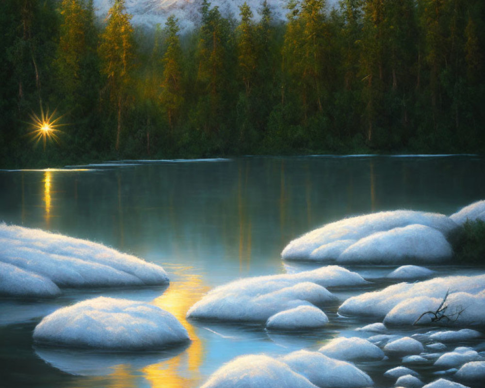 Snow-covered rocks in calm river with sunburst through trees & golden-lit mountain peaks