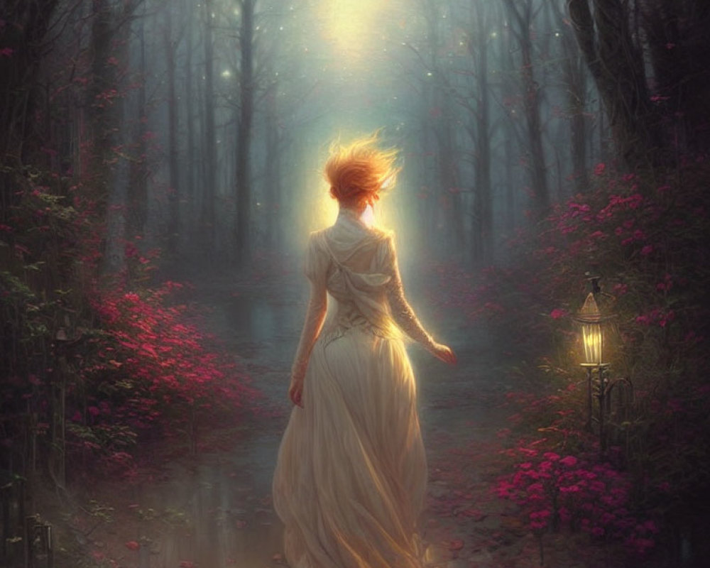 Woman in white dress in mystical forest with pink flowers and warm glow