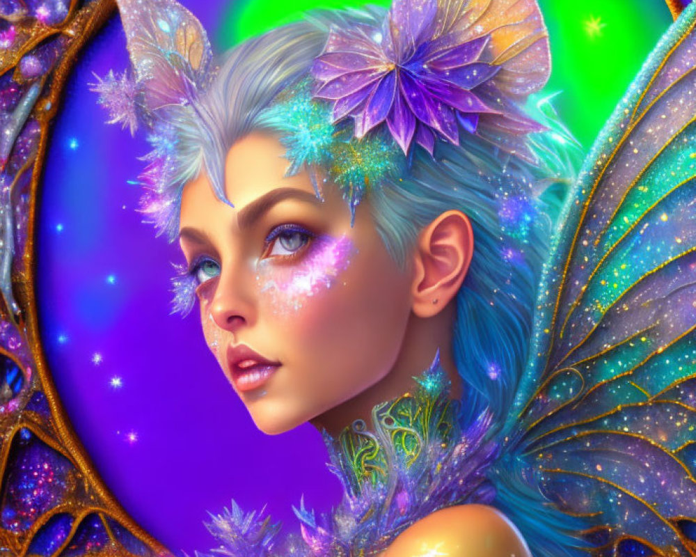 Fantastical portrait of a fairy with luminescent wings and crystal adornments