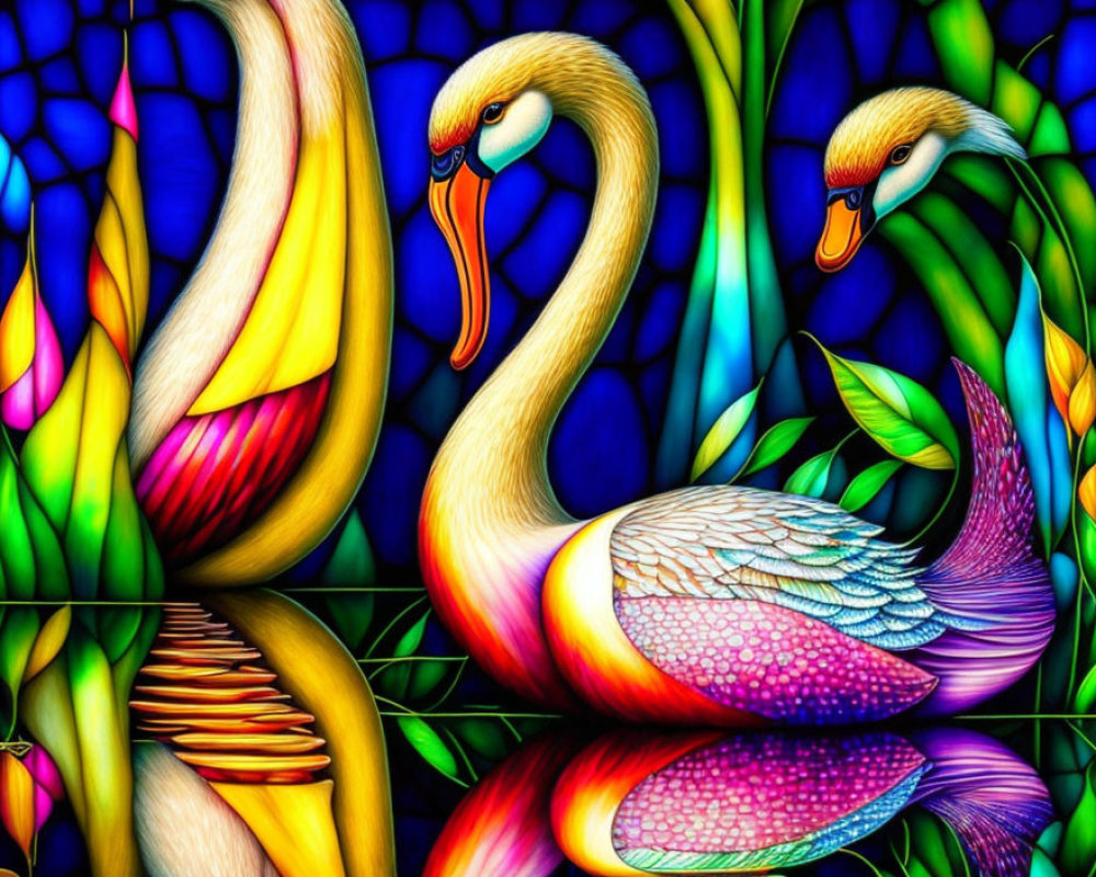 Colorful Stylized Swans in Vibrant Stained Glass Art