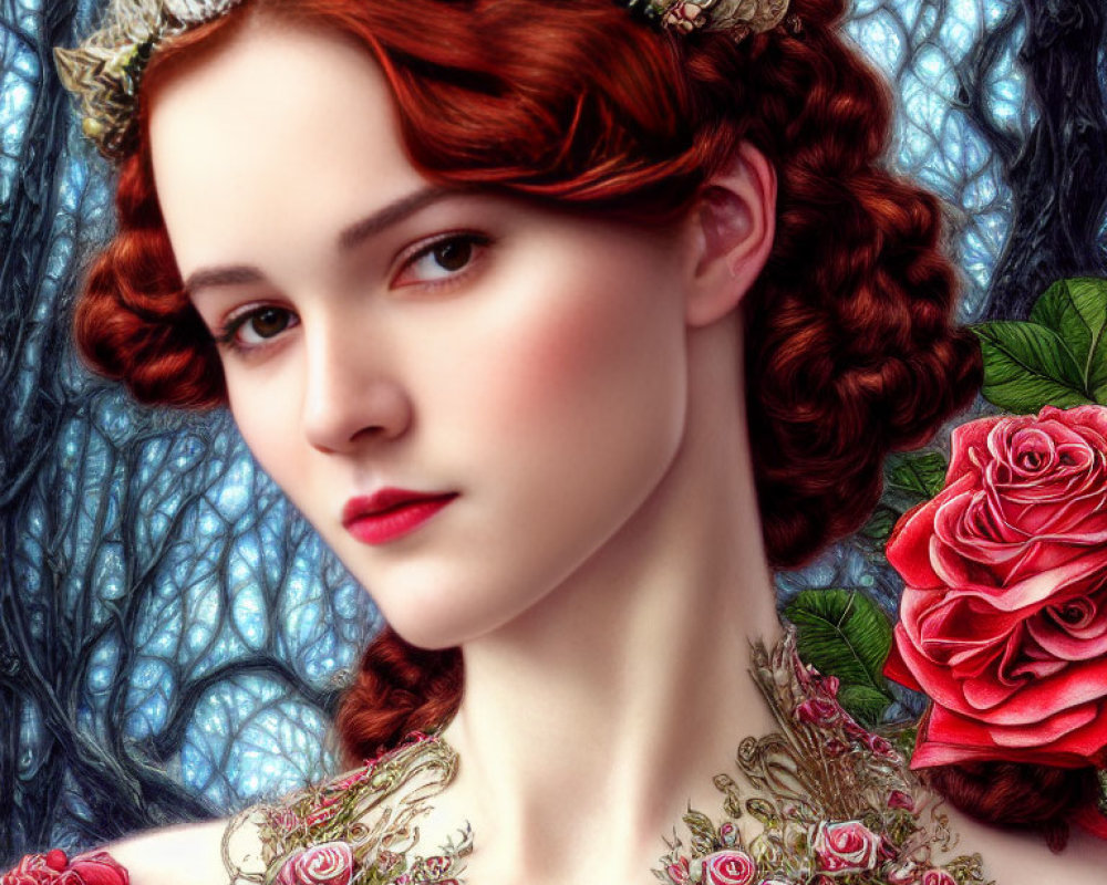 Digital portrait of woman with red hair in braided updo, floral tiara, and rose dress