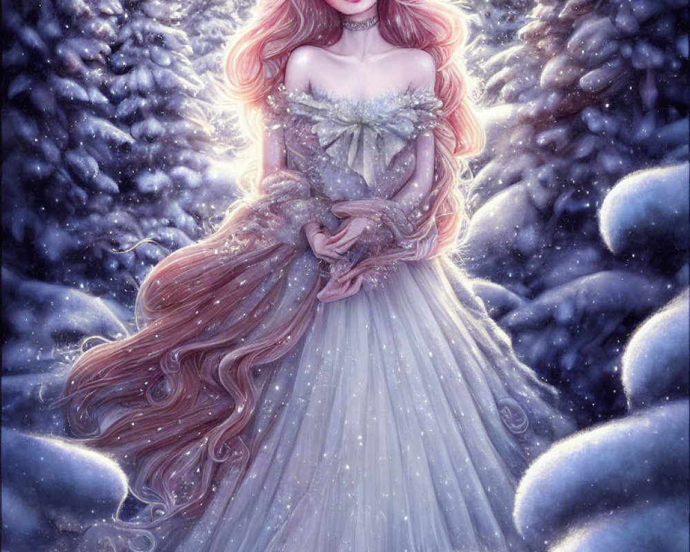 Ethereal woman with pink hair in snowy forest at twilight