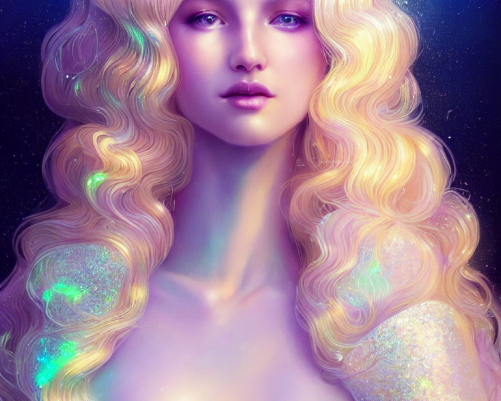 Blonde-haired person with violet eyes in cosmic setting