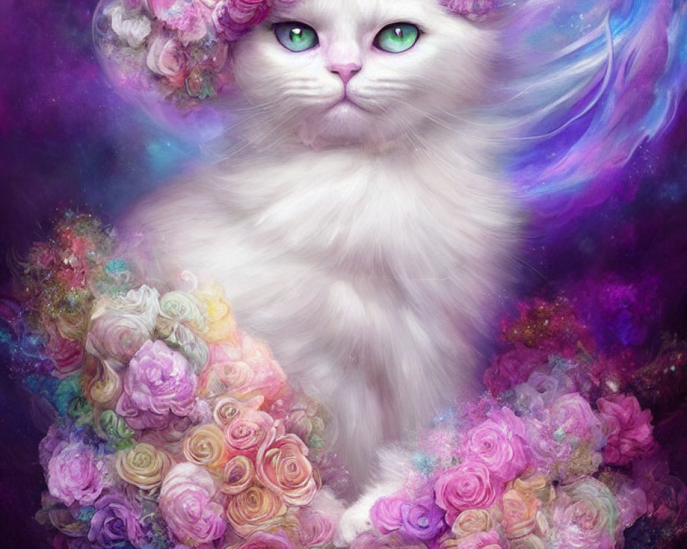 Whimsical white cat with vibrant green eyes in purple swirl with flowers