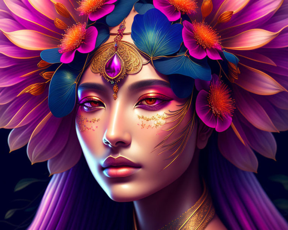 Purple-haired woman with floral headdress and gem on dark background