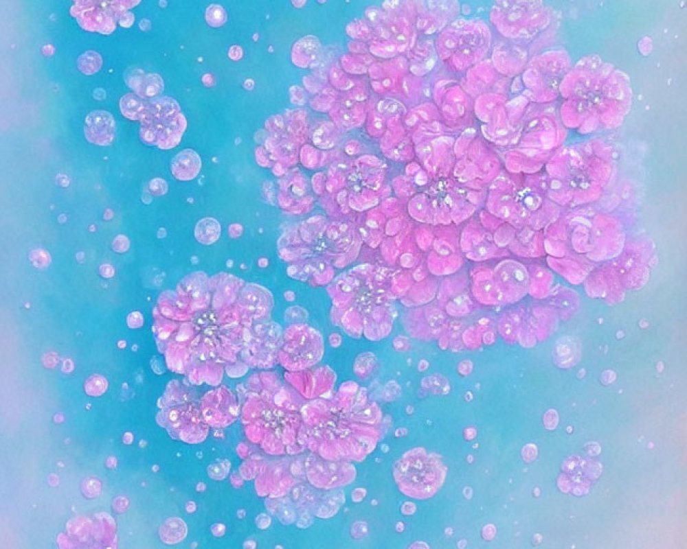 Soft Pink Flowers with Bubbles on Light Blue Background