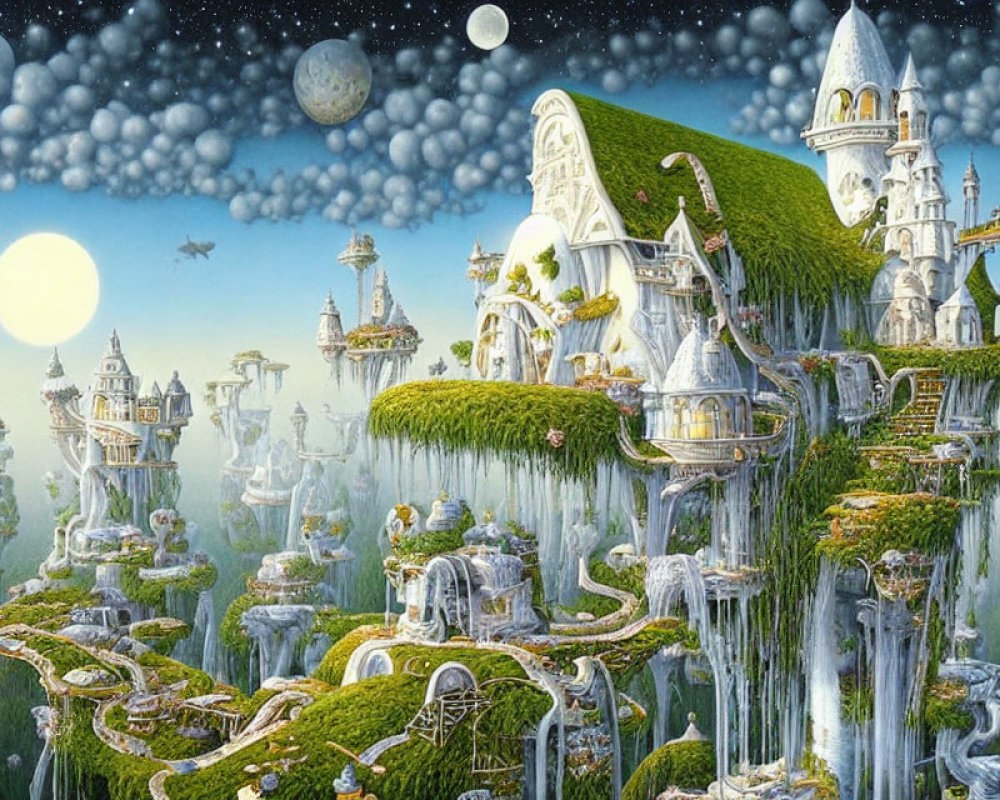 Whimsical white castles on lush green cliffs with floating rocks and planets