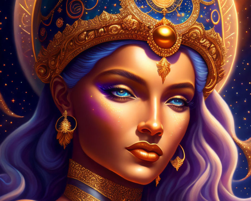 Blue-skinned woman with celestial jewelry and wavy hair.