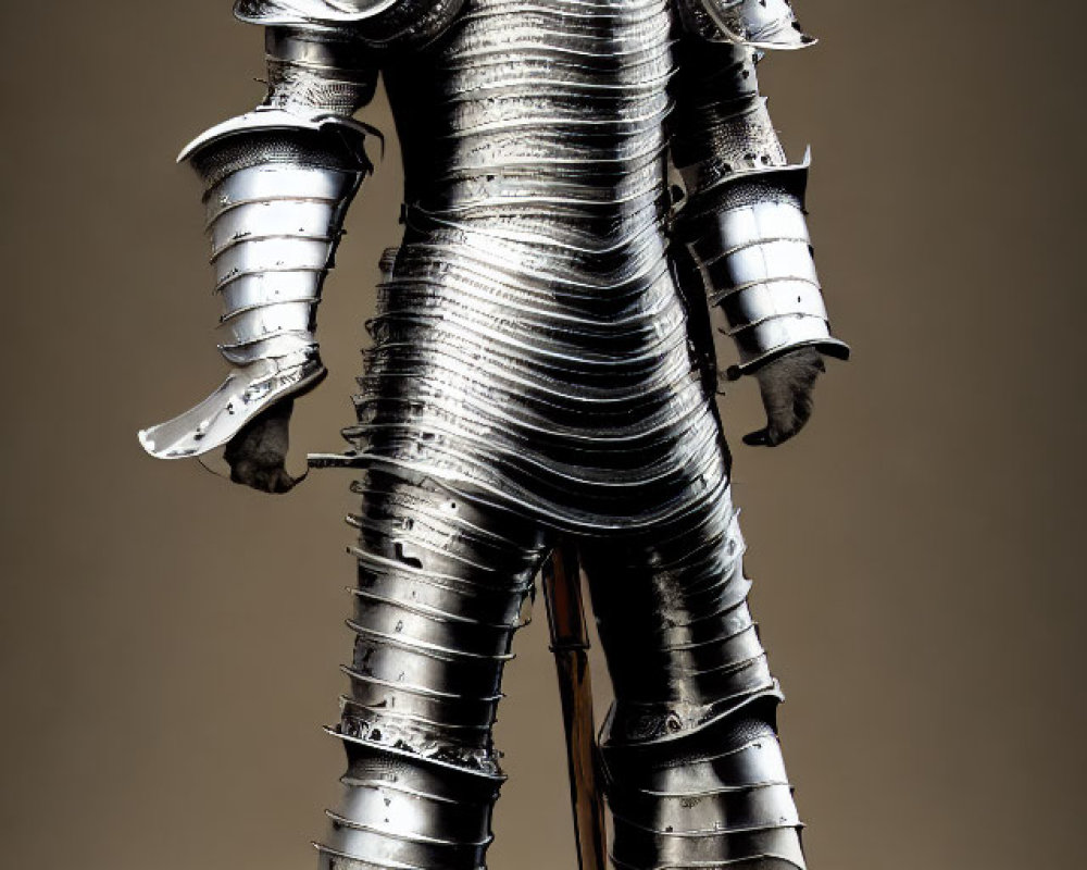 Shining metallic plate armor with visored helmet on neutral background